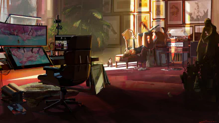 HD anime-style desktop wallpaper depicting a cozy, softly lit room with multiple monitors, a swivel chair, and warm sunlight streaming through tall windows.