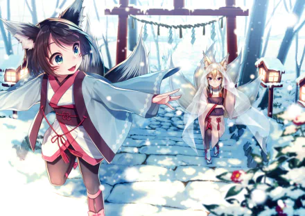 HD anime wallpaper featuring two characters in traditional attire amidst a snowy winter scene, with lanterns illuminating a pathway.