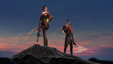 4K Ultra HD Garena Free Fire PC wallpaper featuring two characters standing on a rock against a twilight sky, showcasing dynamic lighting and detailed game design.