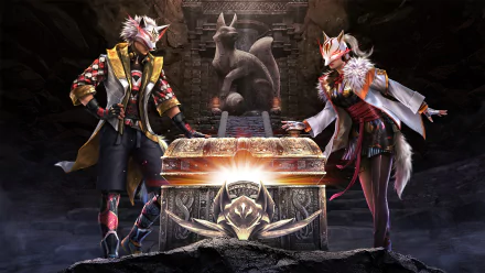 4K Ultra HD Garena Free Fire wallpaper featuring two masked characters standing beside a glowing treasure chest in a dark, detailed cave setting.