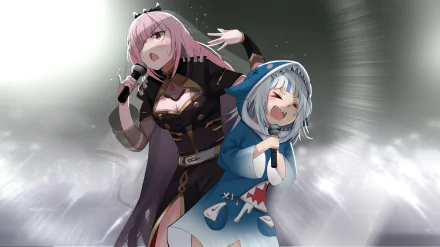 HD anime-style desktop wallpaper featuring Hololive virtual YouTubers Gawr Gura and Mori Calliope singing energetically on stage.