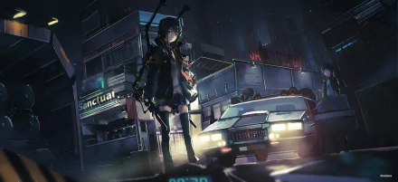 HD desktop wallpaper featuring an anime girl with dark hair and a serious expression, standing in a dimly lit urban street with neon signs and a futuristic car in the background.