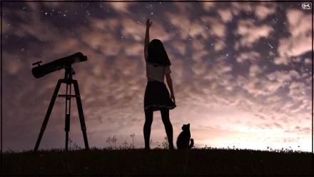 Silhouette of an anime girl and cat under a starry sky beside a telescope, captured in 8K Ultra HD for a PC desktop wallpaper.