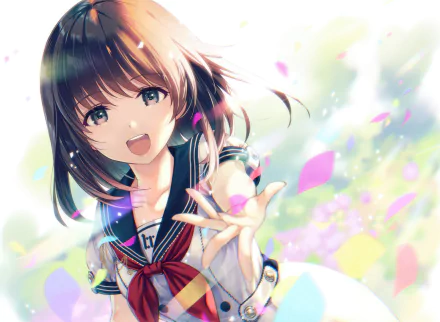 Anime girl with brown hair and green eyes reaches out amid glowing petals in this vibrant HD PC desktop wallpaper.