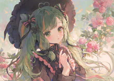 Anime girl with green twintails and green eyes, surrounded by blooming roses, set in a detailed, soft-toned HD desktop wallpaper background.
