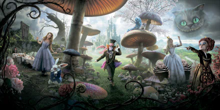HD wallpaper featuring characters from the 2010 'Alice in Wonderland' movie, including Alice, the Mad Hatter, the White Queen, and the Cheshire Cat in an enchanted forest setting.