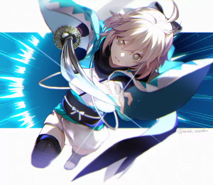 HD anime desktop wallpaper featuring Okita Sōji as Sakura Saber from Fate/Grand Order, depicted in dynamic action with bright blue energy effects.
