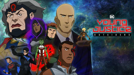 TV show Young Justice 2K Quad HD PC desktop wallpaper and background: ensemble of Young Justice — Outsiders heroes posed before a starry cosmic nebula with the series logo.