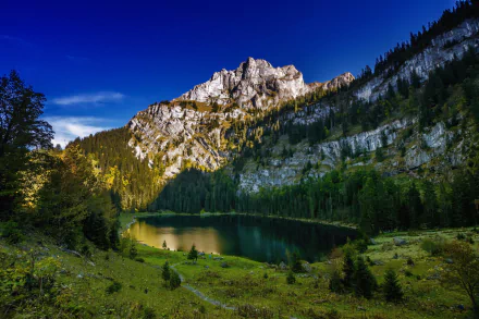 Stunning view of a serene lake nestled in the Bernese Alps, Switzerland, surrounded by rugged mountains and lush greenery under a clear blue sky.