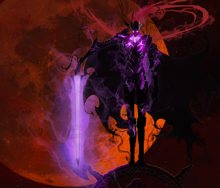 HD anime desktop wallpaper featuring Igris from Solo Leveling, with dark, shadowy tones and vivid purple highlights against a fiery red background.