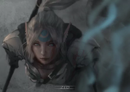 HD fantasy desktop wallpaper featuring a mystical elf with glowing blue markings and ethereal smoke swirling around her.