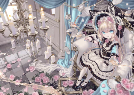 HD PC desktop wallpaper/background of a blonde anime girl with aqua eyes in an ornate Victorian maid dress, seated among candles, roses, and pastel decor.