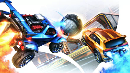 Rocket League video game: two rocket-powered cars collide midair to strike the ball in explosive stadium action — 4K Ultra HD PC desktop wallpaper and background.