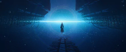 HD desktop wallpaper and background featuring an anime girl standing on a submerged pathway, surrounded by water and a glowing horizon.
