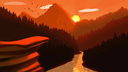 8K Ultra HD desktop wallpaper featuring an artistic landscape of a river winding through mountains at sunrise, with warm orange tones and silhouetted trees.
