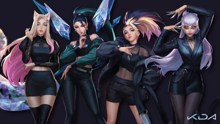 K/DA from League of Legends features long-haired Evelynn, Akali, Kai'Sa, and Ahri in stylish outfits against a dark, crystalline background in this 8K Ultra HD PC wallpaper.