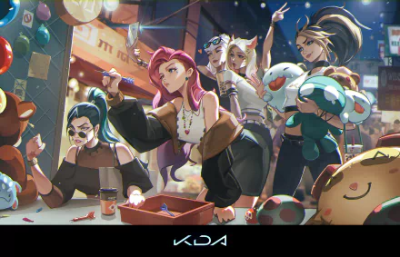 K/DA members Seraphine, Evelynn, Ahri, Akali, and Kai'Sa from League of Legends are illustrated in a vibrant, festive scene. The HD desktop wallpaper captures them enjoying themselves at an event.