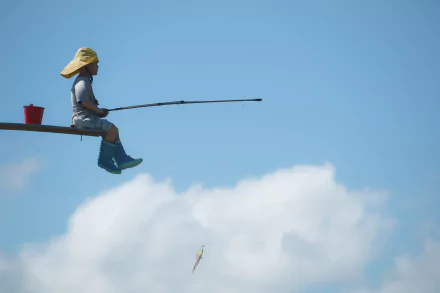 child fisherman fishing rod fish sky photography manipulation HD Desktop Wallpaper | Background Image