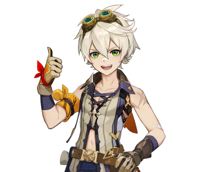 Bennett from Genshin Impact with short white hair and green eyes, giving a thumbs up in this vibrant 4K Ultra HD PC desktop wallpaper.