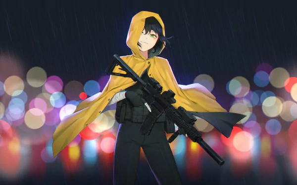 Original anime character in a yellow hooded cloak holding a rifle in the rain, bokeh city lights behind — 4K Ultra HD PC desktop wallpaper/background.