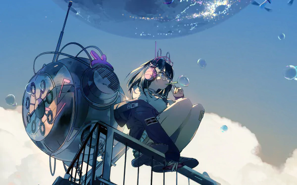 HD anime desktop wallpaper featuring a girl with headphones, smoking while perched on a futuristic structure under a bright sky with bubbles floating around.
