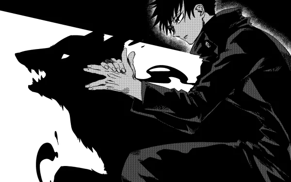 HD desktop wallpaper of Megumi Fushiguro from the anime Jujutsu Kaisen, featuring him performing a shadow summoning. The black and white art style adds a dramatic flair to the scene.