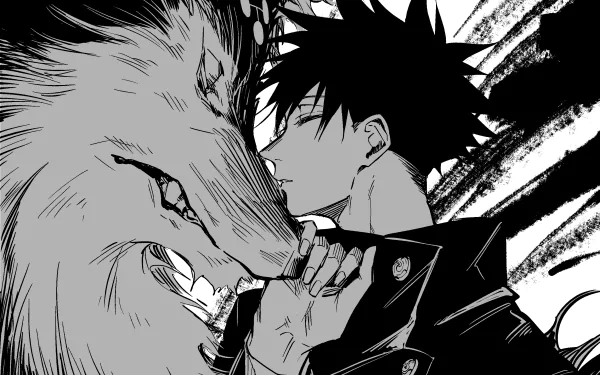 Black and white HD anime desktop wallpaper featuring Megumi Fushiguro from Jujutsu Kaisen gently touching foreheads with a large, fierce wolf.