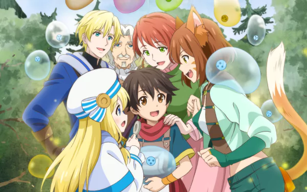 Anime — By the Grace of the Gods: HD PC desktop wallpaper background showing a smiling young protagonist surrounded by allies and cute slimes in a sunlit forest, bright and warm group portrait.