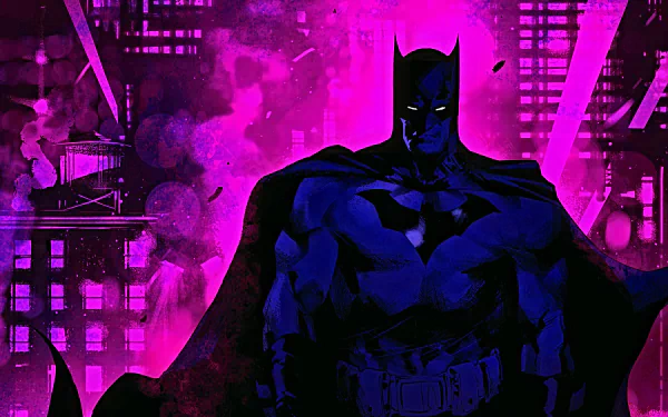 A striking 4K Ultra HD PC wallpaper featuring Batman from DC Comics, set against a vibrant purple cityscape background in comic art style.