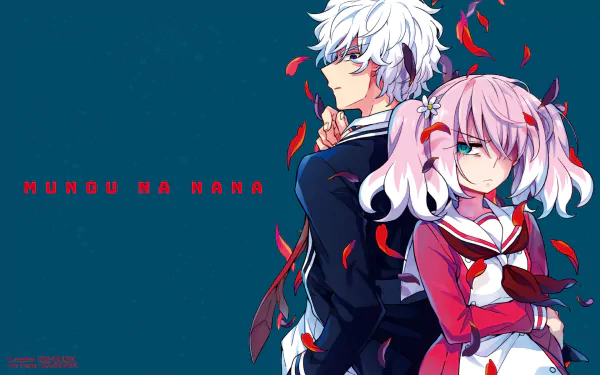 HD PC desktop wallpaper of anime Talentless Nana characters Kyouya Onodera and Nana Hiiragi back-to-back, red petals swirling against a deep teal background.