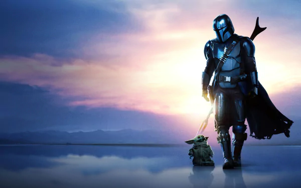 4K Ultra HD wallpaper featuring The Mandalorian and Baby Yoda from the TV show The Mandalorian, walking together against a vibrant sunset backdrop.