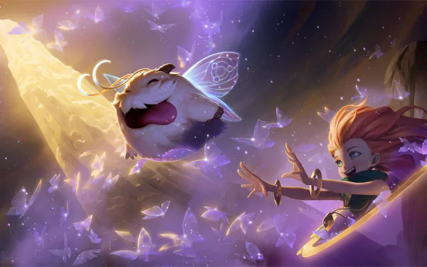 HD PC desktop wallpaper featuring Poro and Zoe from League of Legends in a vibrant Legends of Runeterra-themed scene with glowing butterflies and dynamic motion.