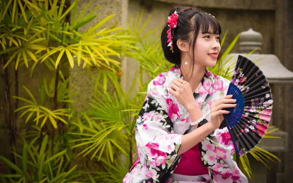 fan kimono black hair model woman asian HD Desktop Wallpaper | Background Image
