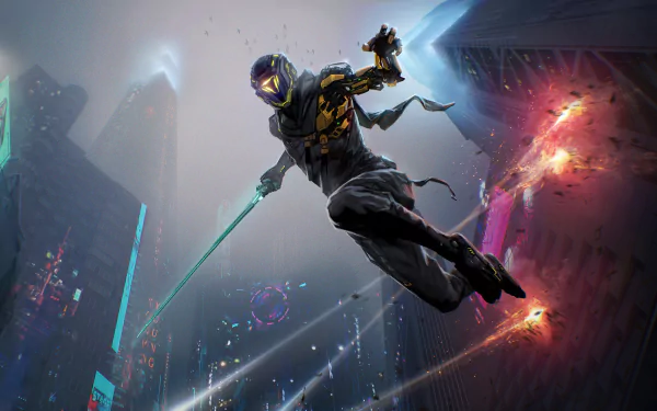 4K Ultra HD PC wallpaper featuring a dynamic action scene from the video game Ghostrunner, showcasing a futuristic warrior mid-air with glowing neon accents.