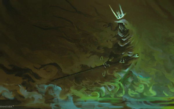 HD PC desktop wallpaper: Nazgûl from The Lord of the Rings — a spectral hooded rider crowned in eerie light, wreathed in green mist over a swirling dark fantasy landscape.