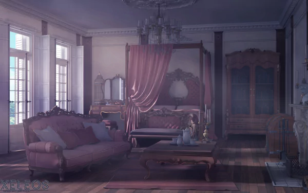 Anime-style elegant bedroom with canopy bed, plush sofa, wooden wardrobe and soft pink drapery — 4K Ultra HD PC desktop wallpaper/background of an anime room.