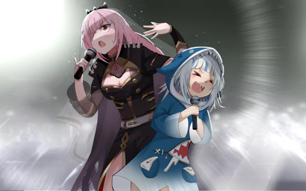HD anime-style desktop wallpaper featuring Hololive virtual YouTubers Gawr Gura and Mori Calliope singing energetically on stage.