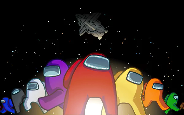 4K Ultra HD Among Us PC desktop wallpaper featuring colorful crewmates standing in space with a spaceship above them against a starry black background.