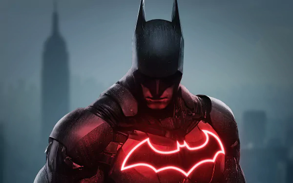 DC Comics Batman: armored, shadowed figure with glowing red bat emblem over chest, brooding before a misty Gotham skyline — 4K Ultra HD PC desktop wallpaper.