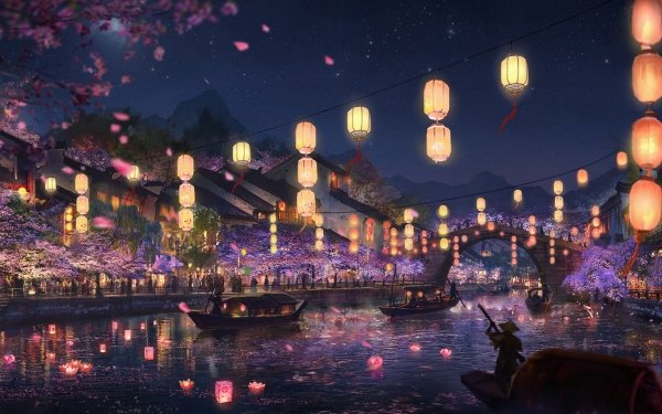 Fantasy Oriental Boat River HD Wallpaper | Background Image