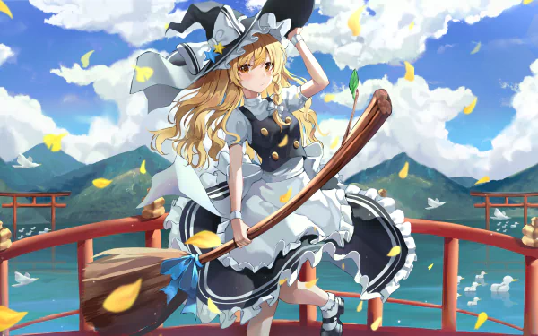 Anime-style 4K Ultra HD wallpaper featuring blonde Marisa Kirisame from Touhou, wearing a witch hat and holding a broom on a red bridge with mountains and clouds in the background.