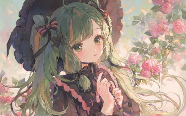 Anime Girl Green Hair Green Eyes Rose Twintails HD Wallpaper | Background Image