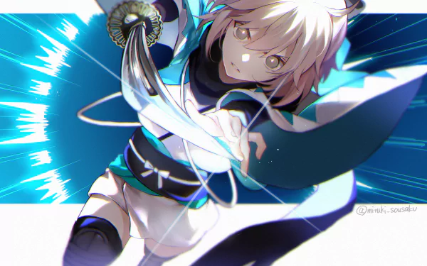 HD anime desktop wallpaper featuring Okita Sōji as Sakura Saber from Fate/Grand Order, depicted in dynamic action with bright blue energy effects.