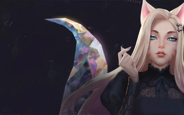 4K Ultra HD wallpaper featuring Ahri from League of Legends as a blonde K/DA cat girl with animal ears and blue eyes, inspired by K-pop and video game aesthetics.
