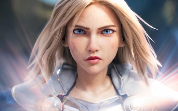 Close-up of Lux from League of Legends with short blonde hair and striking blue eyes in an 8K Ultra HD video game desktop wallpaper.