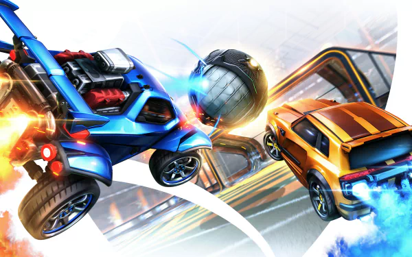 Rocket League video game: two rocket-powered cars collide midair to strike the ball in explosive stadium action — 4K Ultra HD PC desktop wallpaper and background.