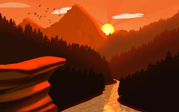 8K Ultra HD desktop wallpaper featuring an artistic landscape of a river winding through mountains at sunrise, with warm orange tones and silhouetted trees.