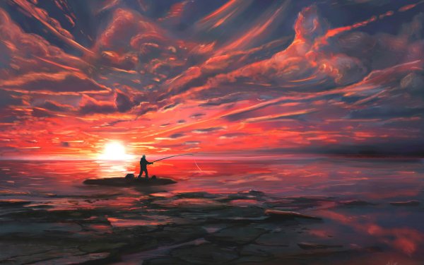 Artistic Sunset Fisherman Sea HD Wallpaper | Background Image