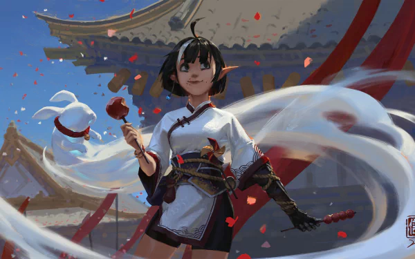 Anime-style elf girl in traditional Chinese attire holds skewers of food, standing in front of an ornate temple with swirling ribbons and falling petals in this HD desktop wallpaper.