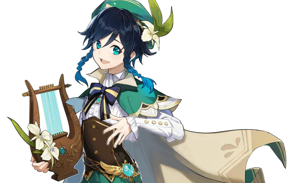 HD desktop wallpaper of Venti from the video game Genshin Impact, showcasing the character with two-toned hair and a harp, featuring detailed and vibrant artwork.